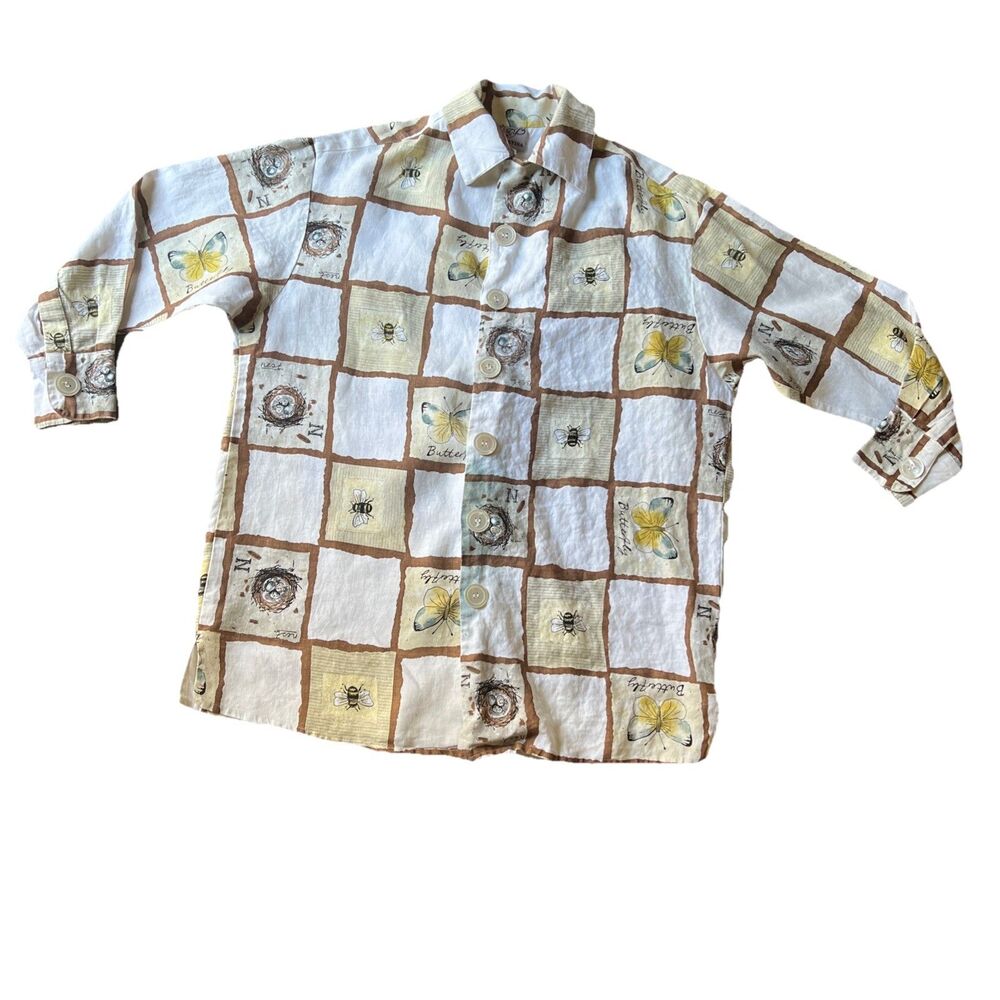 Vintage Patina Women’s Button Up Shirt XS 100% Linen Oversized Butterfly Nest